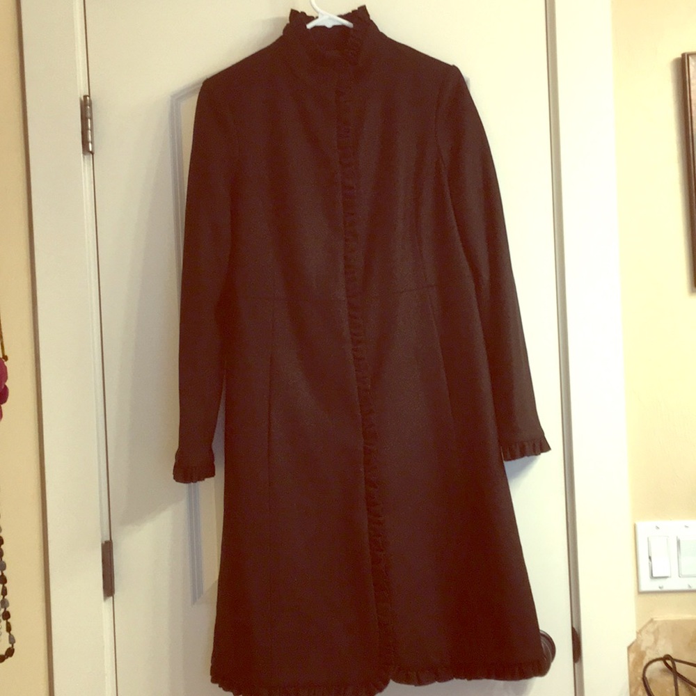 Long ruffled edged black pea coat
